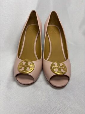 Tory Burch Blush Pink Peep-Toe Heels with Gold Logo